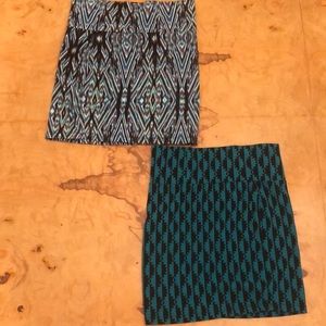 Two patterned miniskirts.